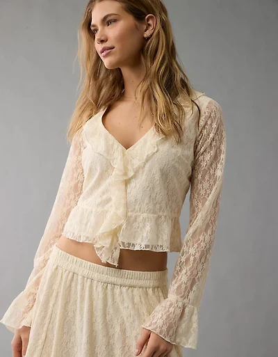 AE Lace Bell Sleeve Ruffle Blouse
