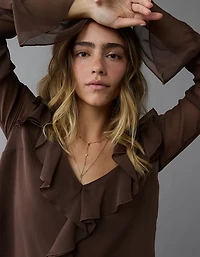 AE Chiffon Bell Sleeve Ruffle Blouse