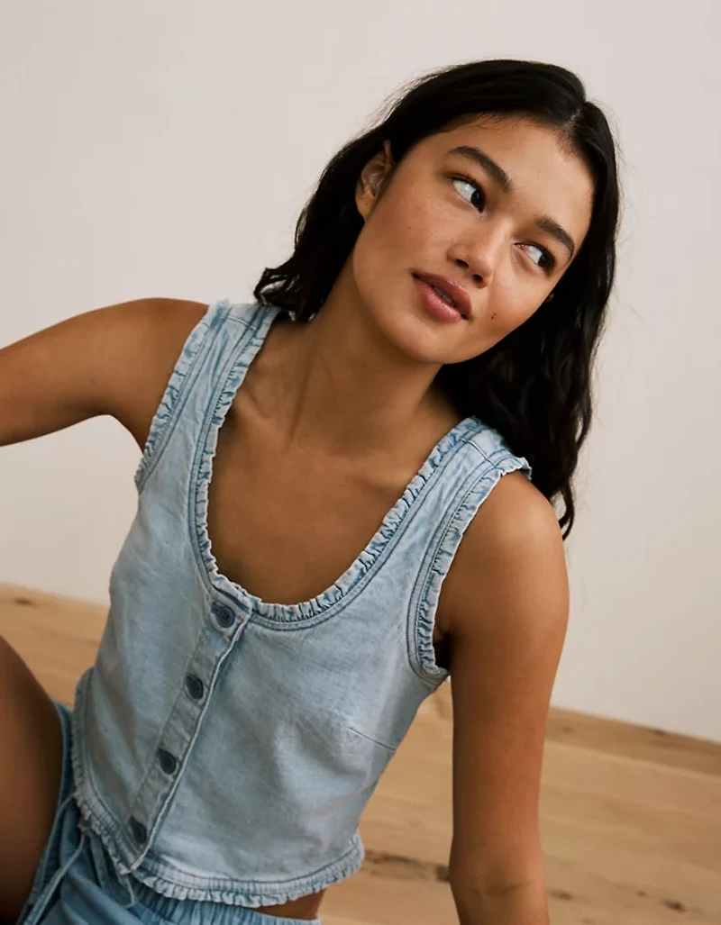 AE Cropped Ruffle Trim Denim Tank Top