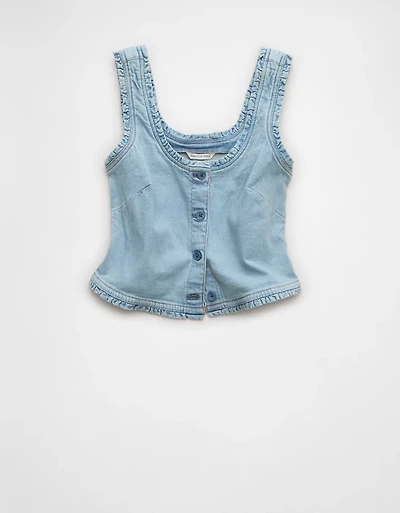 AE Cropped Ruffle Trim Denim Tank Top