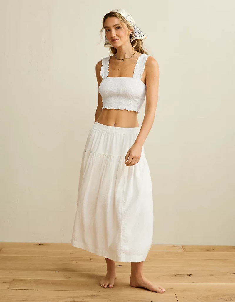 AE Cropped Linen-Blend Smocked Cami