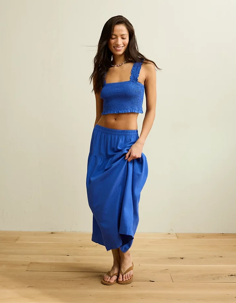 AE Cropped Linen-Blend Smocked Cami