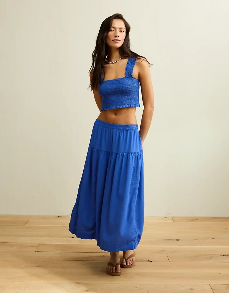 AE Cropped Linen-Blend Smocked Cami