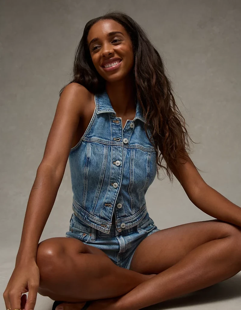 AE Cropped Collared Denim Vest