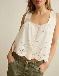 AE Ruffle-Neck Eyelet Button-Up Top