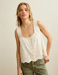 AE Ruffle-Neck Eyelet Button-Up Top