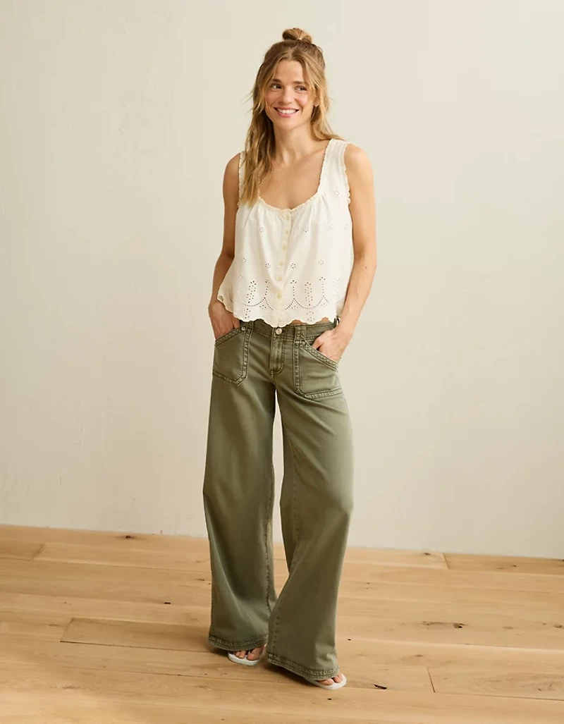 AE Ruffle-Neck Eyelet Button-Up Top