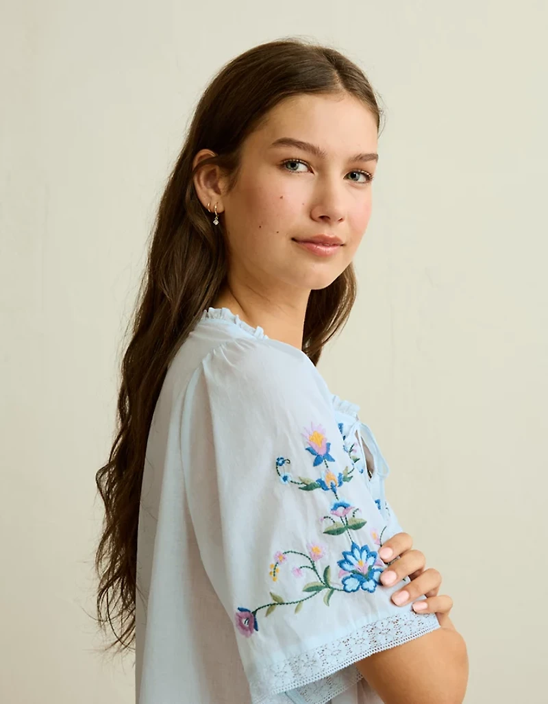 AE Flutter-Sleeve Embroidered Top