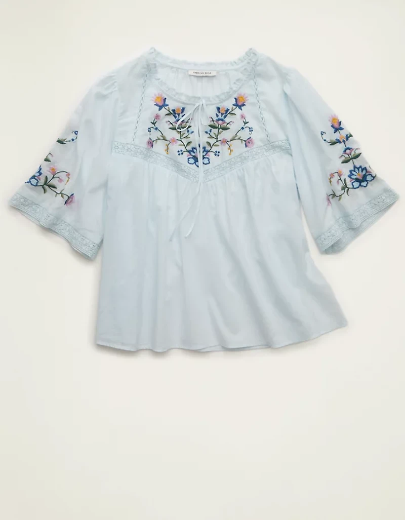 AE Flutter-Sleeve Embroidered Top