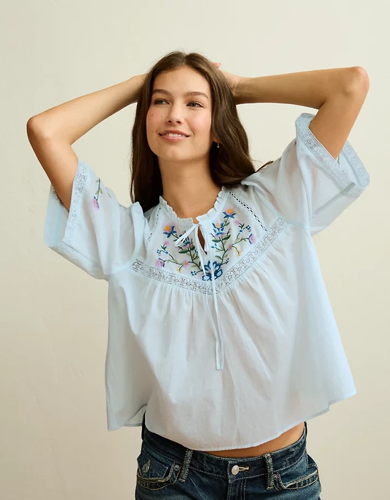 AE Flutter-Sleeve Embroidered Top