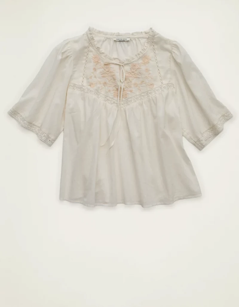 AE Flutter-Sleeve Embroidered Top