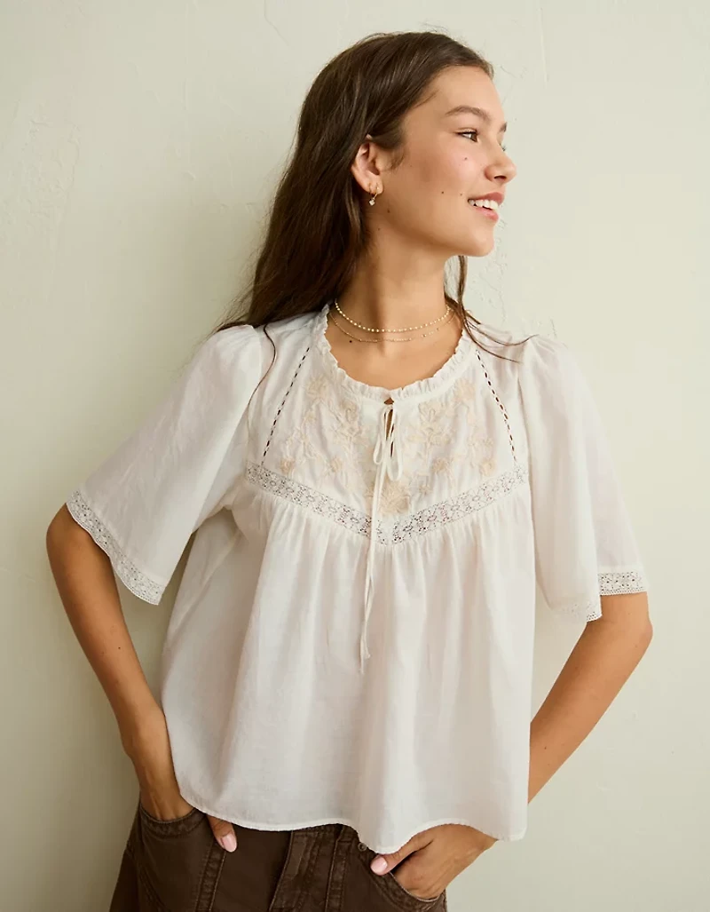 AE Flutter-Sleeve Embroidered Top