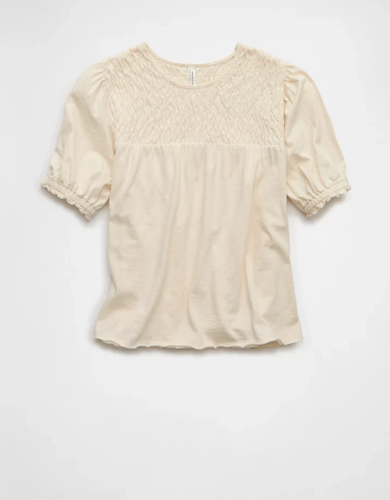 AE Sunchaser High Neck Puff Sleeve Smocked T-Shirt