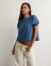 T-shirt à col montant smocks et manches bouffantes Vive le soleilAE