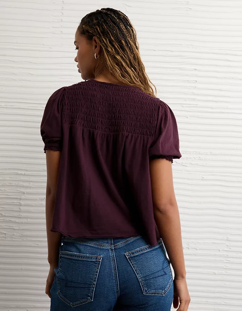 AE Sunchaser High Neck Puff Sleeve Smocked T-Shirt