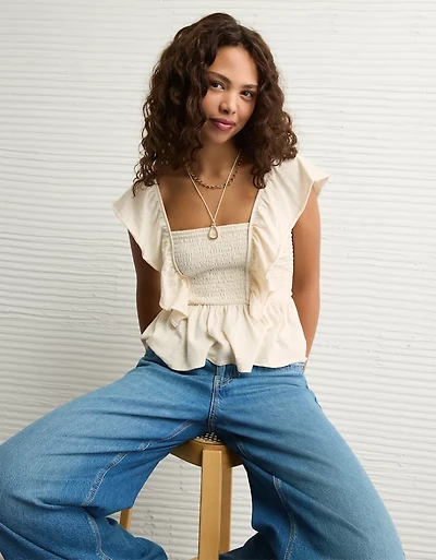 AE Sunchaser Knit Flutter Sleeve Babydoll Shirt