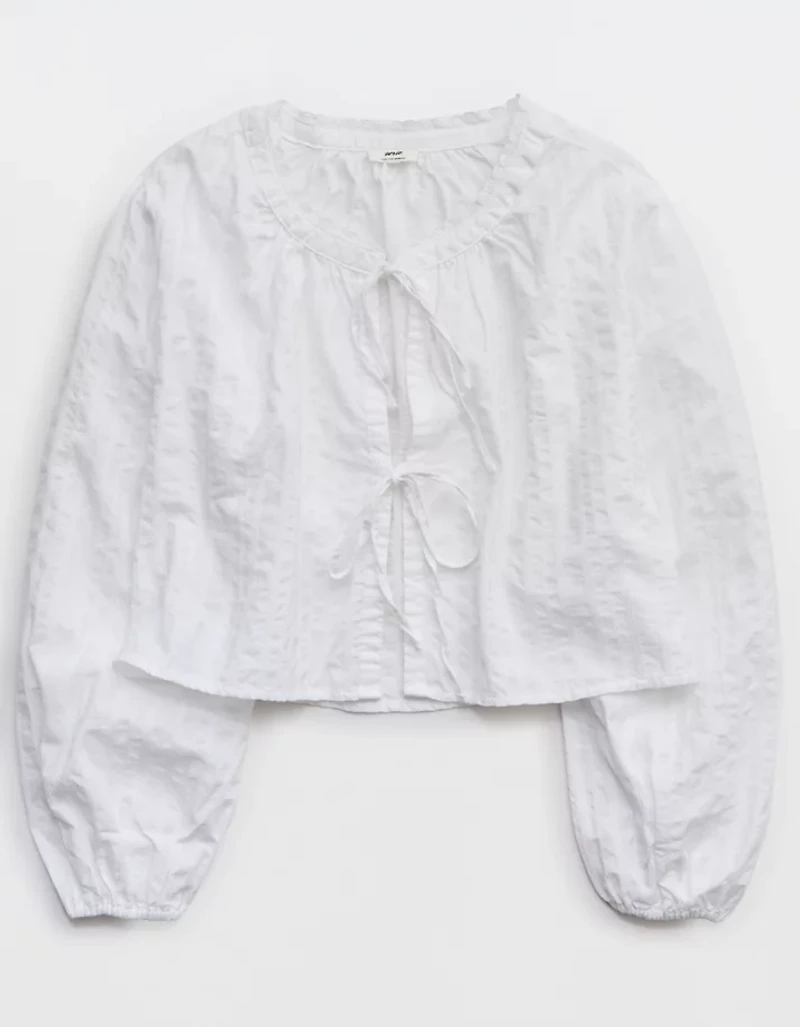 Aerie Seersucker Long Sleeve Volume Tie Top