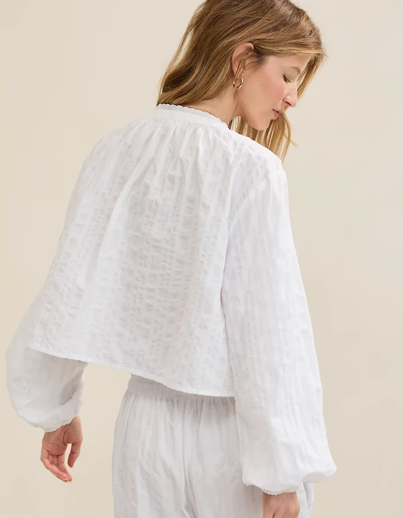 Aerie Seersucker Long Sleeve Volume Tie Top