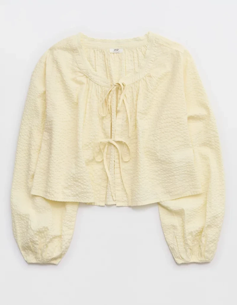 Aerie Seersucker Long Sleeve Volume Tie Top