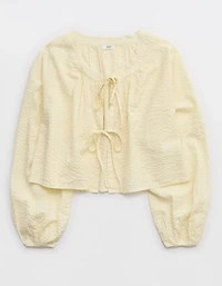 Aerie Seersucker Long Sleeve Volume Tie Top