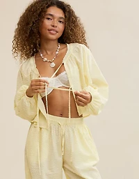 Aerie Seersucker Long Sleeve Volume Tie Top
