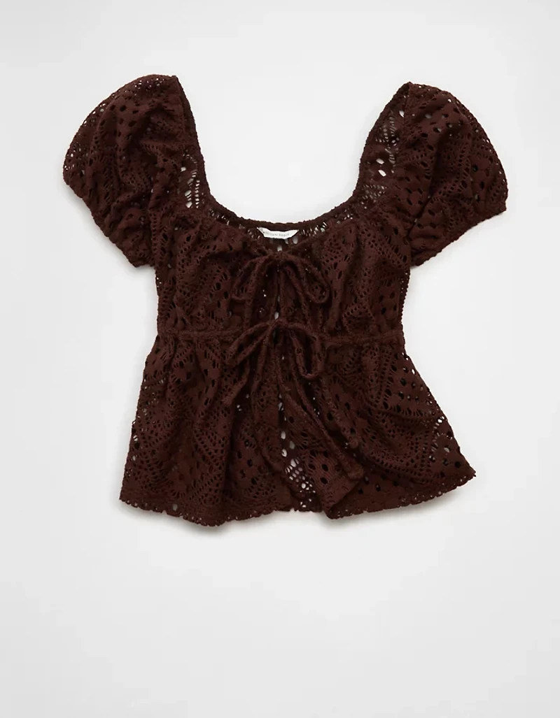 AE Lace Tie-Front Puff Sleeve Tee