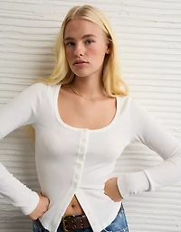 T-shirt gaufré à boutons et manches longues AE