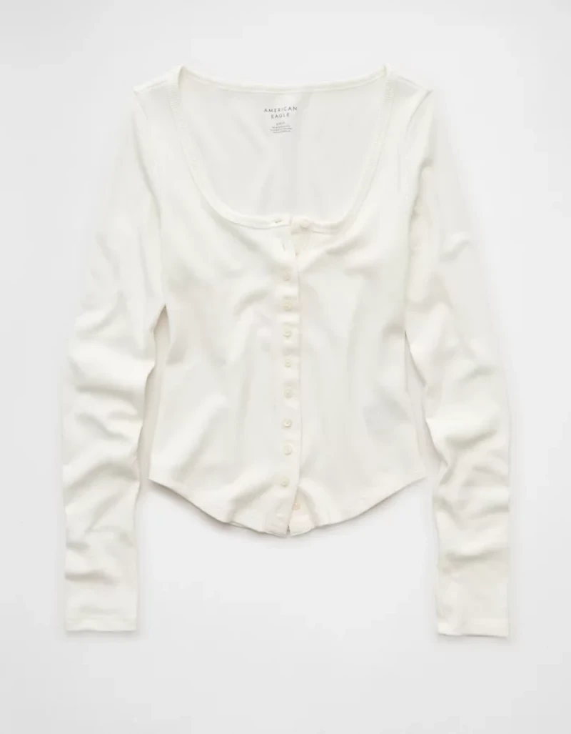 T-shirt gaufré à boutons et manches longues AE