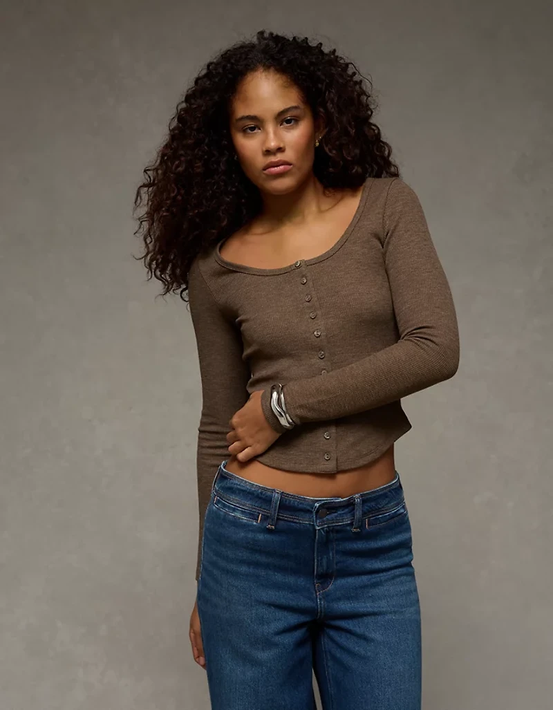 AE Waffle Long Sleeve Button-Up Tee