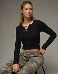 AE Cropped Long-Sleeve Lace-Up T-Shirt