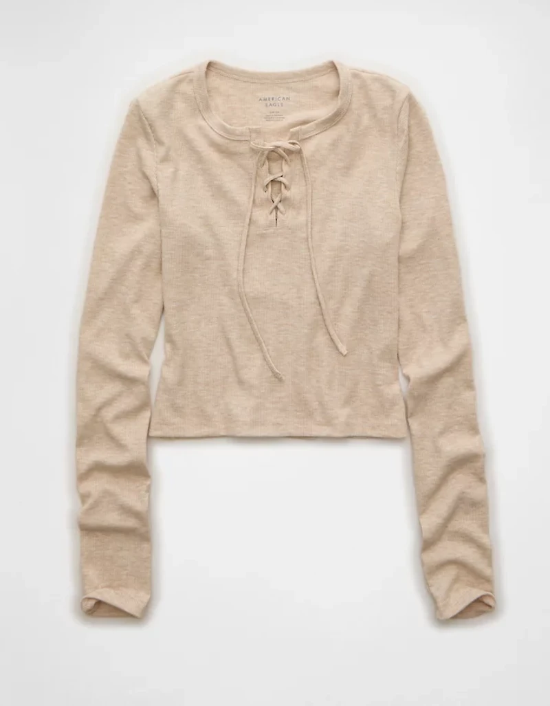 AE Cropped Long-Sleeve Lace-Up T-Shirt
