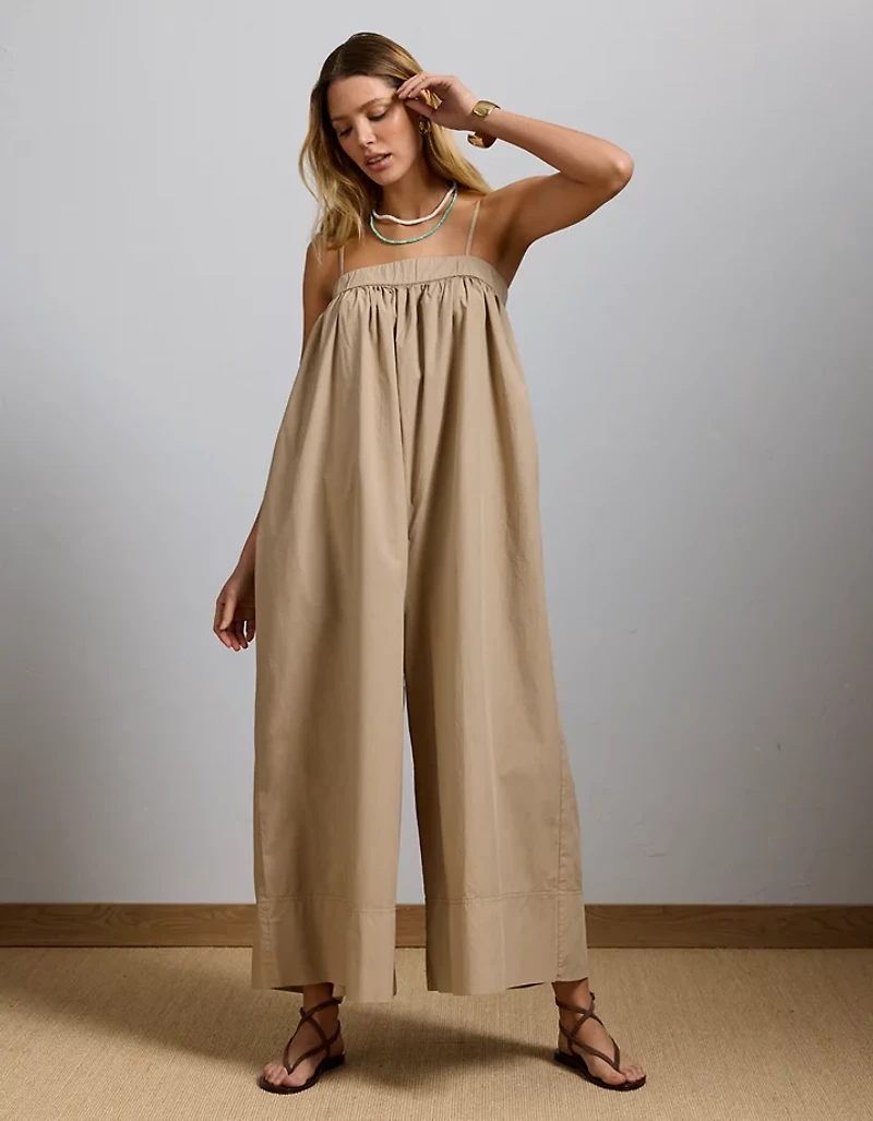 AE77 Premium Wide-Leg Cropped Poplin Jumpsuit
