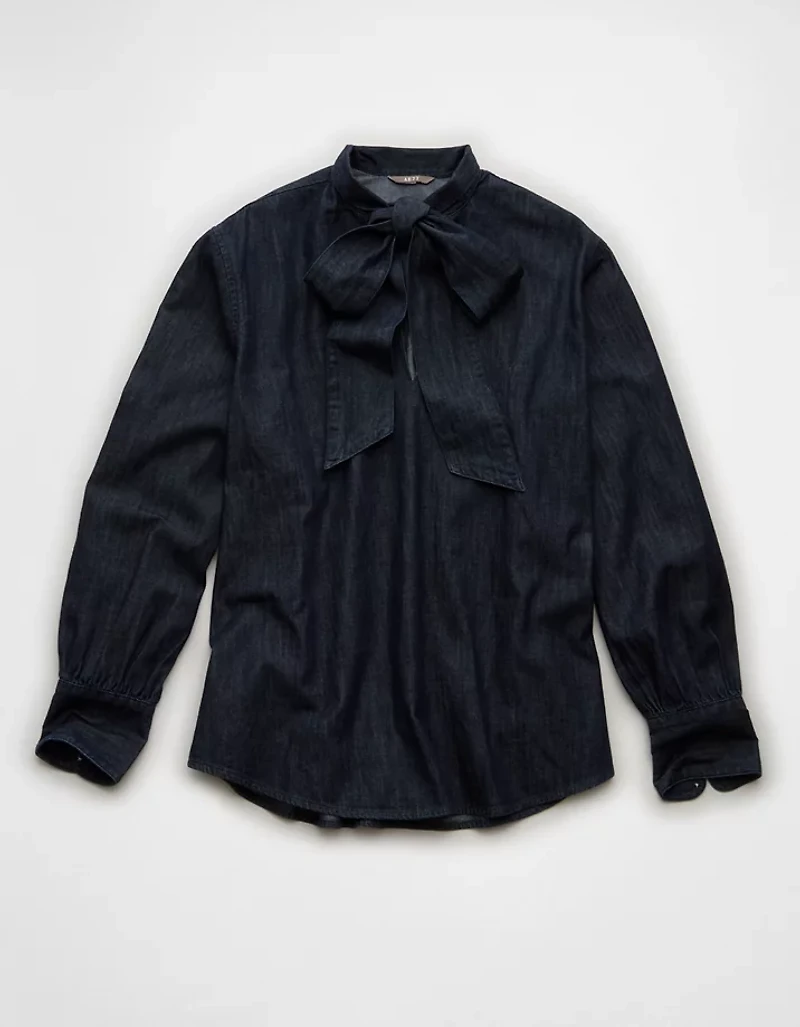 AE77 Premium Denim Bow Blouse