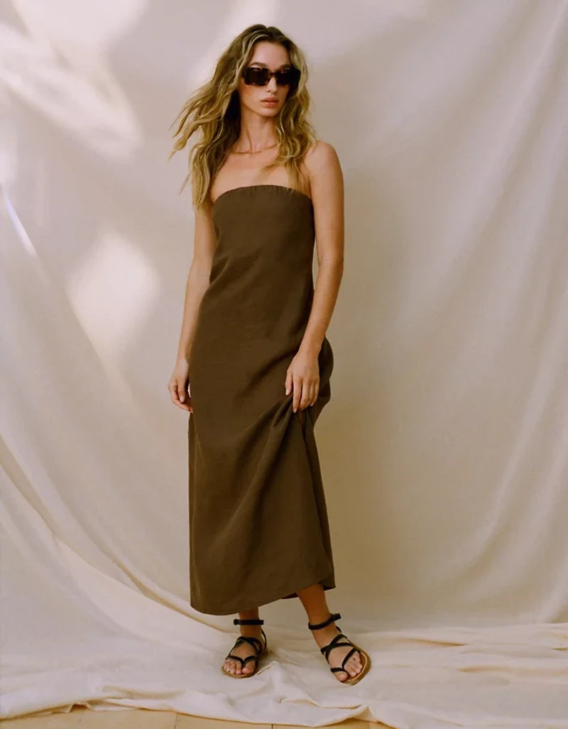 Robe mi-longue en lin sans bretelles haut de gamme AE77