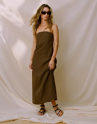 Robe mi-longue en lin sans bretelles haut de gamme AE77