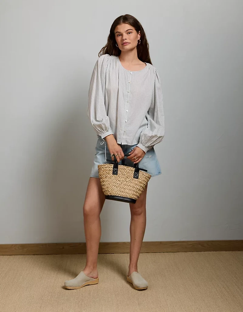 AE77 Balloon-Sleeve Button-Up Shirt