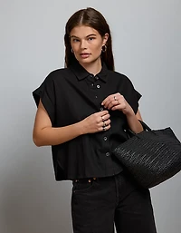 AE77 Boxy Cropped Linen-Blend Button-Up Shirt