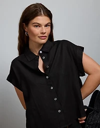AE77 Boxy Cropped Linen-Blend Button-Up Shirt