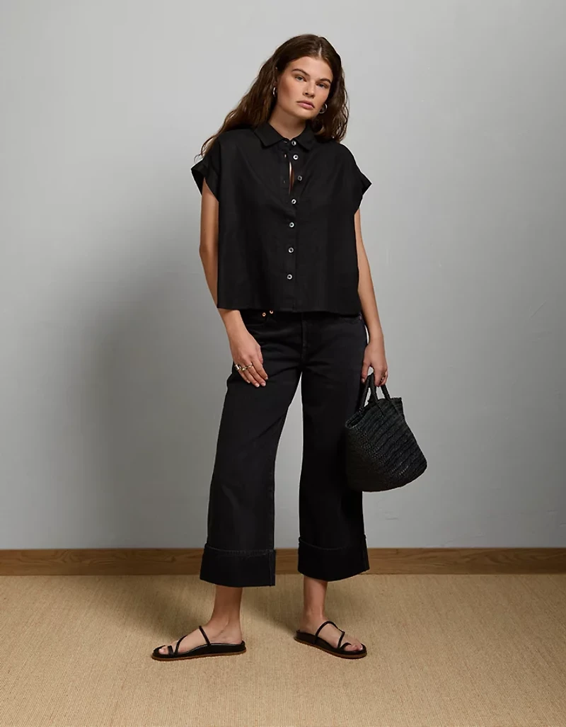 AE77 Boxy Cropped Linen-Blend Button-Up Shirt