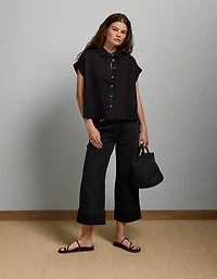 AE77 Boxy Cropped Linen-Blend Button-Up Shirt