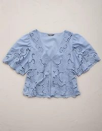 AE77 Eyelet Lace Short-Sleeve Blouse