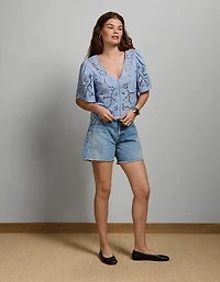AE77 Eyelet Lace Short-Sleeve Blouse