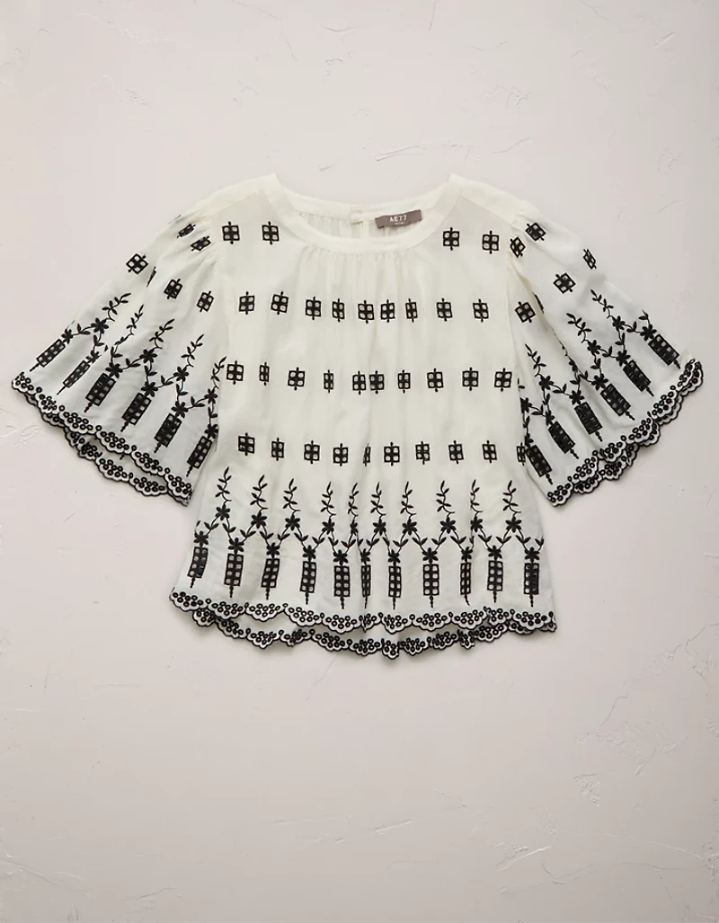 AE77 Embroidered Bell Sleeve Blouse