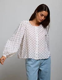 AE Embroidered Balloon-Sleeve Button-Up Shirt
