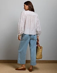 AE77 Embroidered Balloon-Sleeve Button-Up Shirt