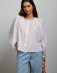 AE77 Embroidered Balloon-Sleeve Button-Up Shirt