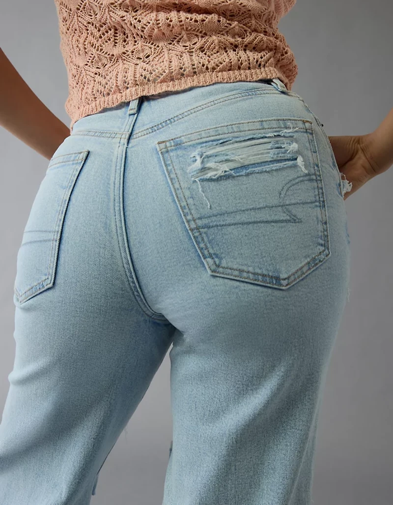 Jean droit ample déchiré à taille très haute incurvé extensible et rigide AE