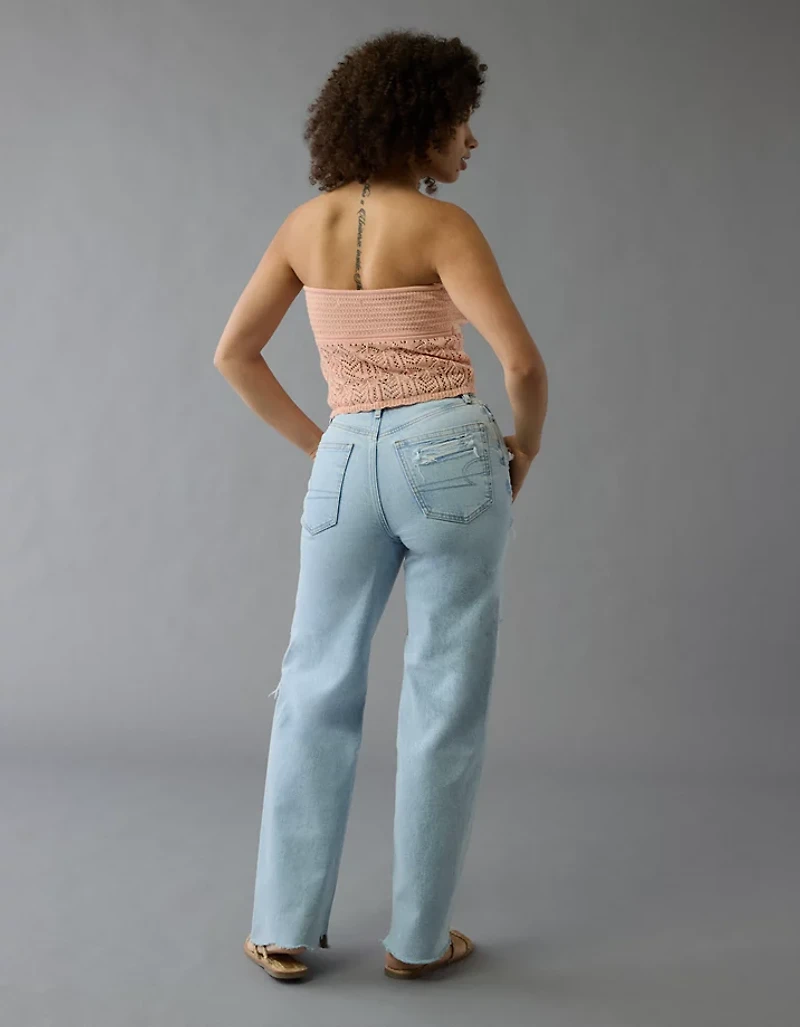 Jean droit ample déchiré à taille très haute incurvé extensible et rigide AE