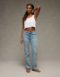 Jean droit brodé en rondeur à taille haute extensible AE