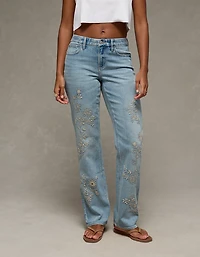 Jean droit brodé en rondeur à taille haute extensible AE